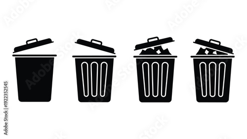 Four black trash cans with lids in different states isolated on white background, Vector