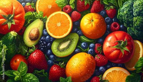 A vibrant arrangement of various fresh fruits and vegetables, showcasing rich colors and textures