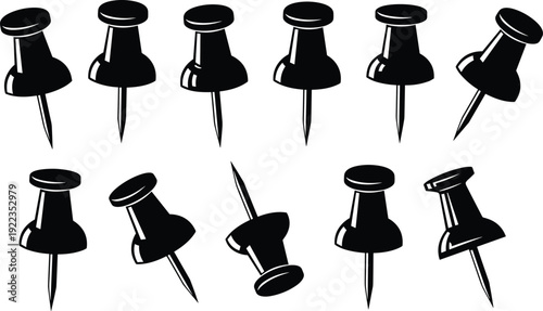 Push pin and thumbtack silhouette set, black and white office stationery vector illustration isolated on white background for business and school design