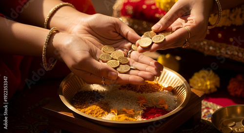 Traditional Hindu Akshaya Tritiya Ritual, Hands Offering Gold Coins for Prosperity and Good Fortune