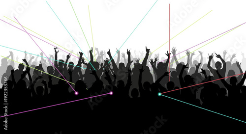 Cheering crowd celebrating success with colorful stage lights at concert event