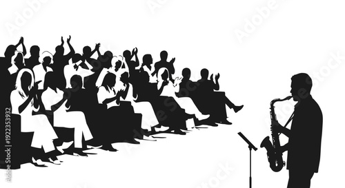 Business leader presenting to engaged audience in modern conference silhouette illustration