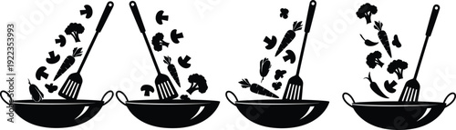 Vegetable stir fry in wok pan silhouette set, black and white cooking process vector illustration isolated on white background for healthy cuisine design