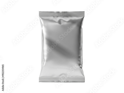 Silver foil pouch packaging on white background