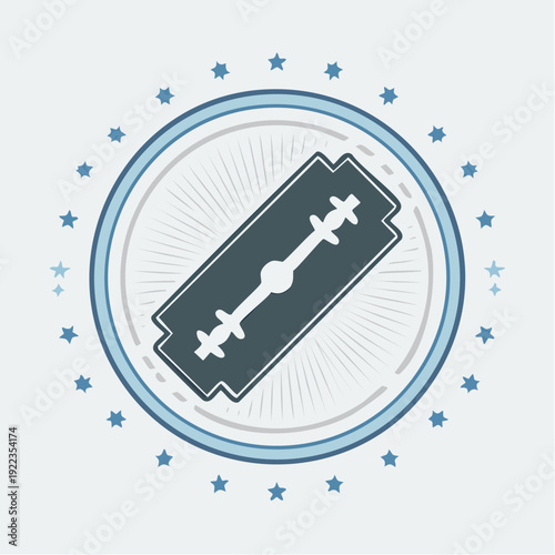 Vintage razor blade icon with a radial starburst pattern in a circular frame