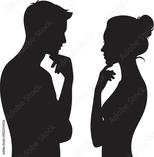 silhouette head profile of pensive young man and woman opposite each other, teenager boy and a girl thinking, opposition of genders, concept of love and relationships