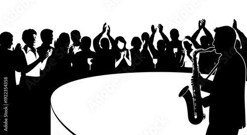 Silhouette jazz band concert performance with cheering audience in black and white
