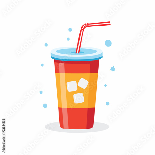 Refreshing cold beverage in a disposable cup with ice cubes and a straw