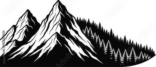Black and white illustration of rugged mountain peaks with snowy textures and dense conifer forest for nature, travel, and outdoor design.
