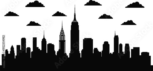 Black and white New York City skyline silhouette featuring Empire State Building, Chrysler Building, and clouds for urban architecture illustration.