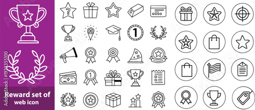 Reward set of web icons in line style. A collection of linear icons representing various reward concepts, including gift, trophy, recognition, reward program, medal, bonus, and more. Editable stroke