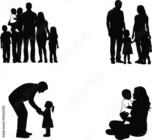 Black and white silhouettes of family scenes showing parents and children together symbolizing love, care, connection, and nurturing relationships.