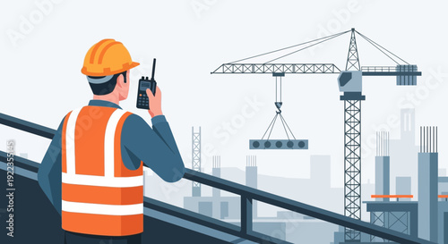 Construction Worker with Walkie Talkie on Site.