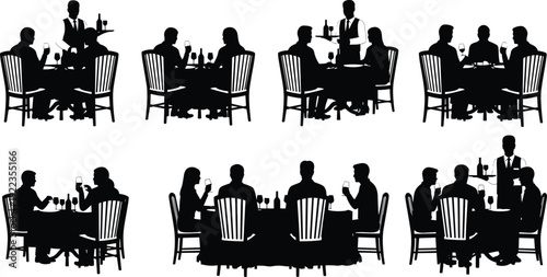 Black and white silhouettes of people dining in restaurant scenes with wine glasses, waiters, and modern social interaction illustration.