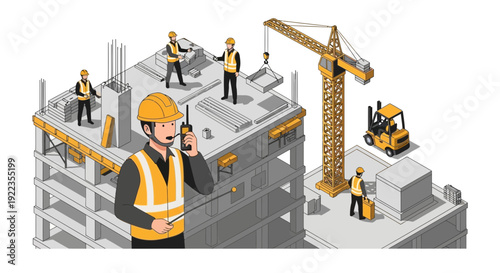 Construction Workers Building Site with Crane.