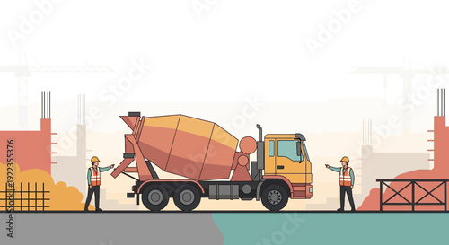 Construction Workers Operating Cement Mixer Truck.