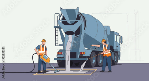 Construction Workers Operating Concrete Mixer Truck.