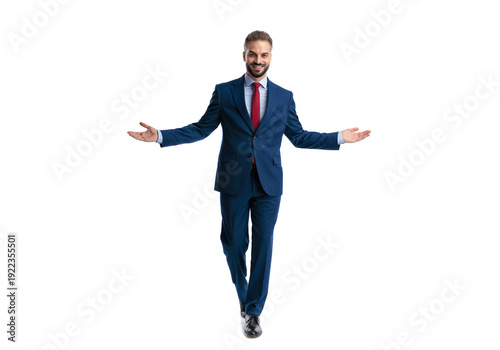 Slika na platnu Welcoming young man in suit walking forward with open arms