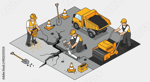 Construction Workers Repairing Road Surface.