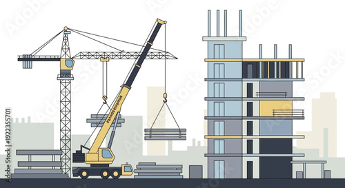Crane Lifting Building Materials to Construction Site.
