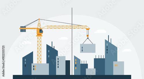 Crane Lifting Heavy Load in Construction Site.