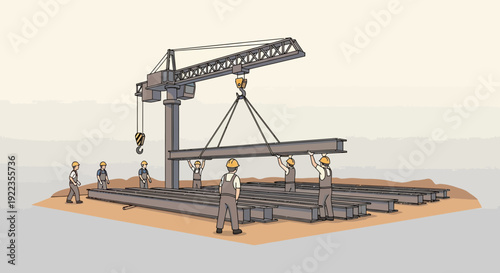 Crane Lifting Heavy Metal Beam Construction Site.