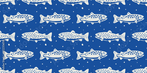 Seamless Fish Pattern, Trout Illustration Repeat Background in Blue and White