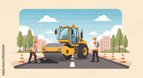 Road Roller Compacting Asphalt with Workers.