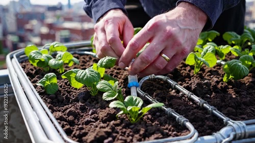 Male gardener tending to young plants in rooftop garden, adjusting irrigation system while surrounded by vibrant green leaves and urban skyline in the background