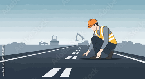 Road Worker Applying Road Markings on Highway.