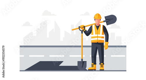 Road Worker Wearing Safety Vest and Hard Hat.