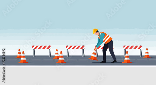 Roadworker Adjusting Traffic Cones on Highway.