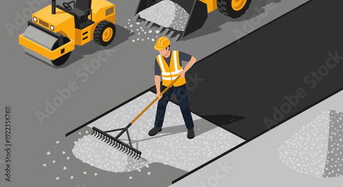 Worker Raking Asphalt on Road Construction Site.