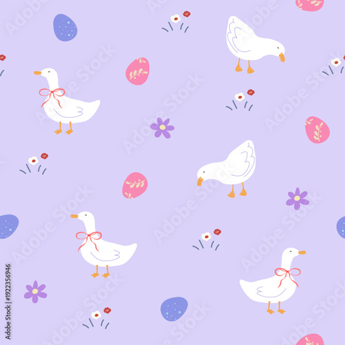 Easter gooses and eggs in the garden seamless pattern
