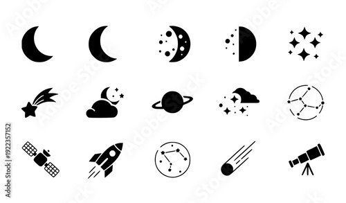 Moon Stars Night Sky Space Flat Vector Icon Set with Astronomy Symbols