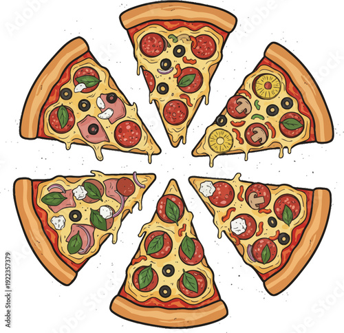 A delicious vector illustration of an isolated pepperoni pizza slice with melted mozzarella cheese, tomato, and fresh vegetables on an Italian restaurant plate