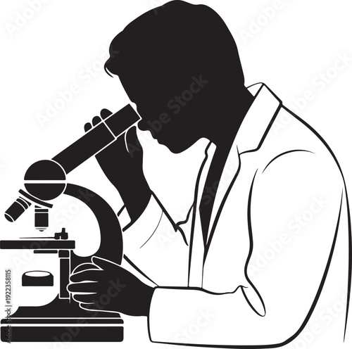 Silhouette of a scientist examining through a microscope