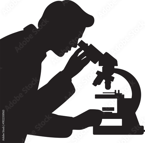 Silhouette of a scientist examining through a microscope