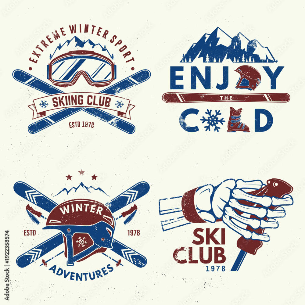 Fototapeta premium Set of ski winter sport retro badge. Vector. Concept for shirt, print, seal or stamp with ski glasses, skull, skeleton hand holding ski pole. Family vacation, activity or travel. For logo design