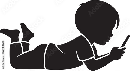 silhouette of boy laying down and looking at smartphone vector art illustration