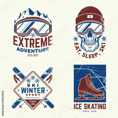 Set of ski winter sport retro badge. Vector. Concept for shirt, print, seal or stamp with ice skate, ski glasses, skull skeleton. Family vacation, activity or travel. For logo design, patches