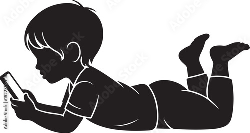 silhouette of boy laying down and looking at smartphone vector art illustration