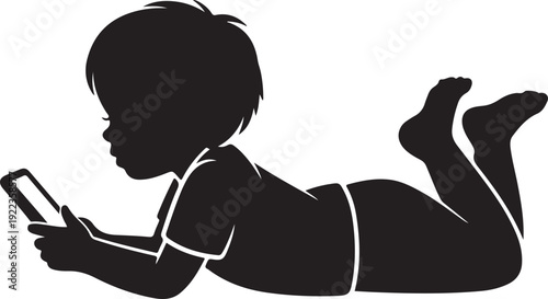 silhouette of boy laying down and looking at smartphone vector art illustration