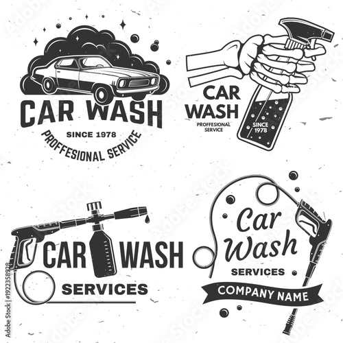 Set of Car wash logo, emblems, badges and icons. Vector. Template for car wash sticker, patch, cleaning car, washing and service with cleaning equipment. Car cleaning, washing and design service