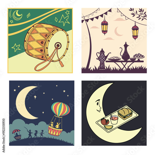 A scenic illustration of a beach chair with a parasol and palm trees