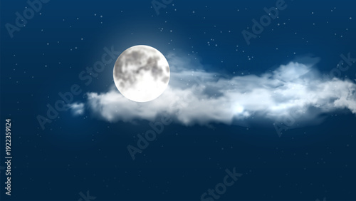 Night realistic sky background with full moon, clouds and stars