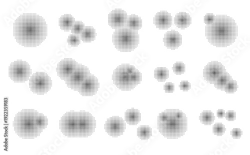 Set of halftones noise geometric dots gradient and pop art texture. Vector illustration. Monochrome Abstract dot, Gradient halftone dots for background pattern. Noise grain dust pattern.