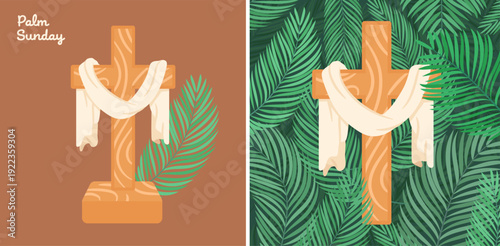 Palm Sunday poster with palm leaves and cross