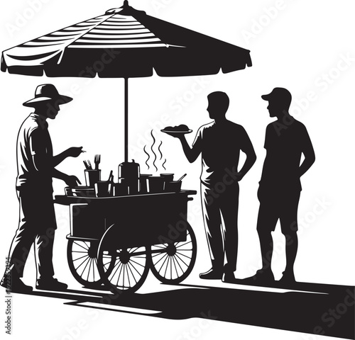Silhouette of people at a street food vendor with an umbrella and a cart full of food and drinks created with generated ai