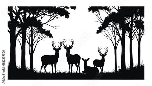 A group of deer standing in a forest with trees isolated on white background, Vector